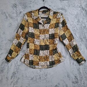 Vtg‎ Stunt Collections Silk Blouse S Abstract Print Long Sleeve Button Up Shirt